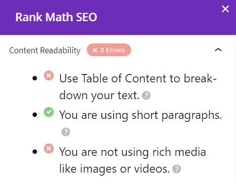 Divi Rank math Content Readability