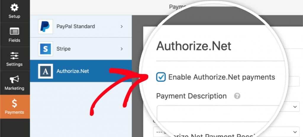 Enable Authorize Net payments in form