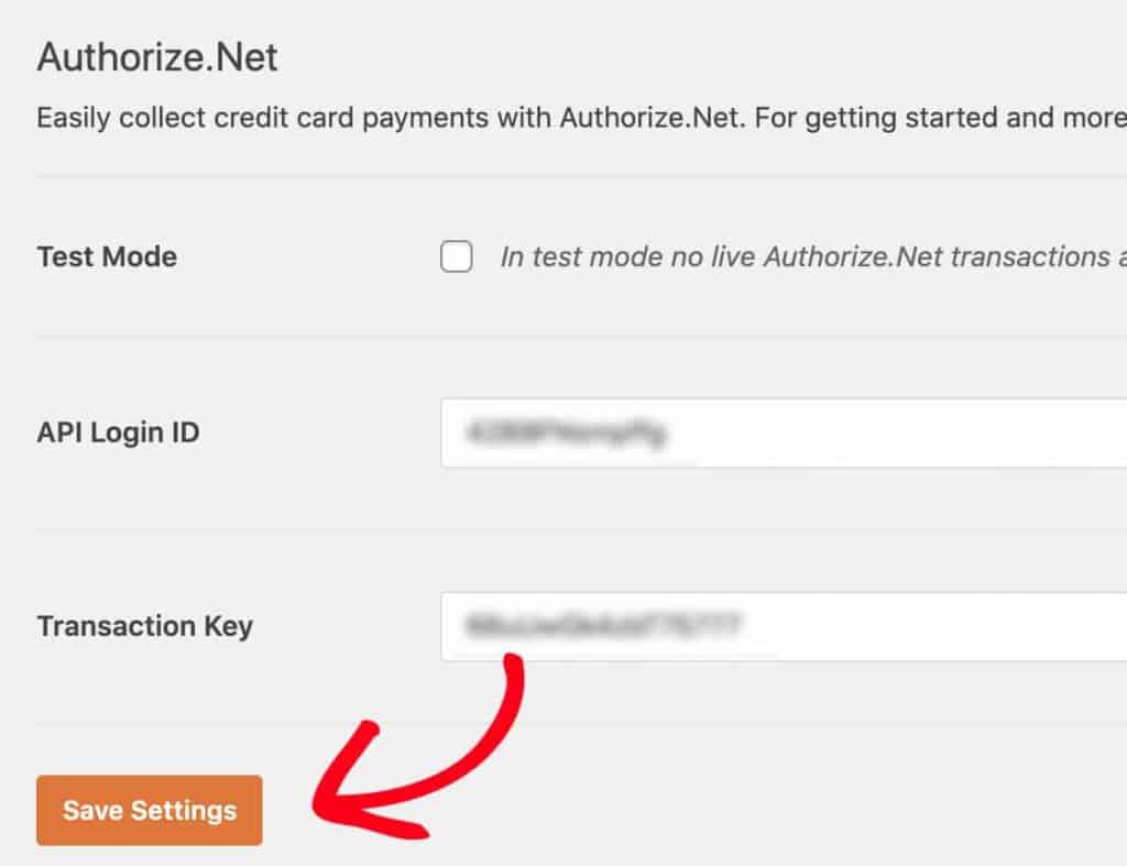 Save Setting for Authorize.net in WPForms Payment Setting