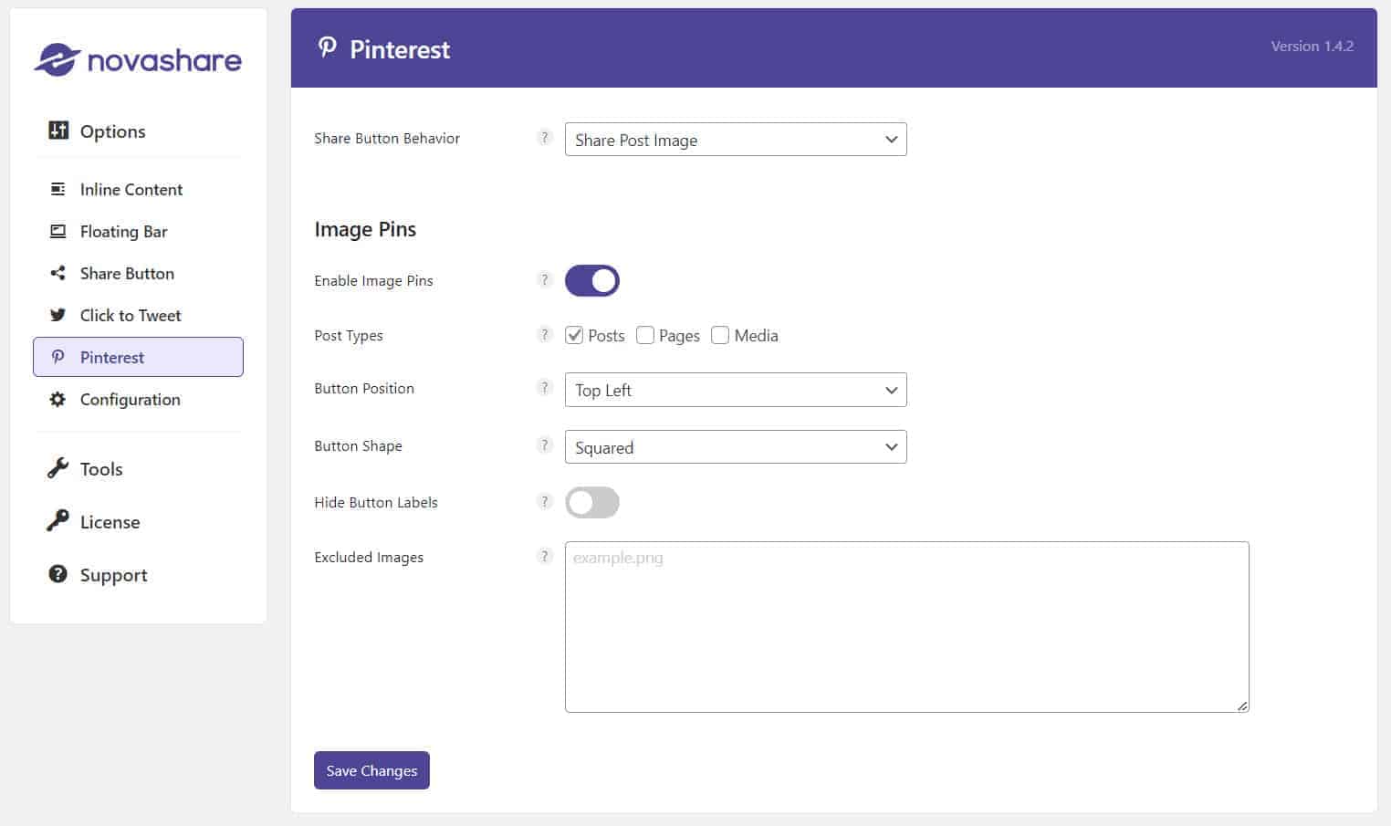 Novashare Pinterest Setting