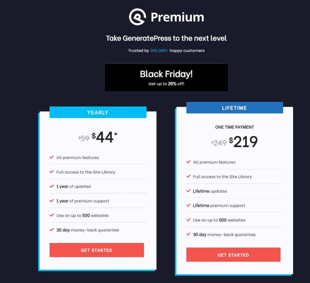GeneratePress Black Friday Pricing