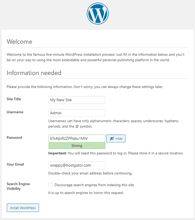 wordpress installation information needed