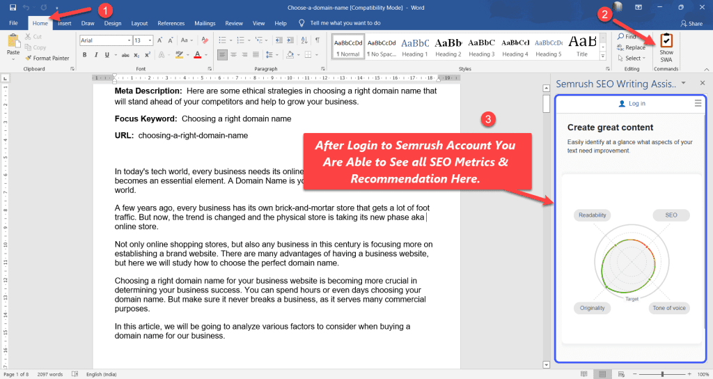 Semrush SEO Writing Assistant MS Word Interface