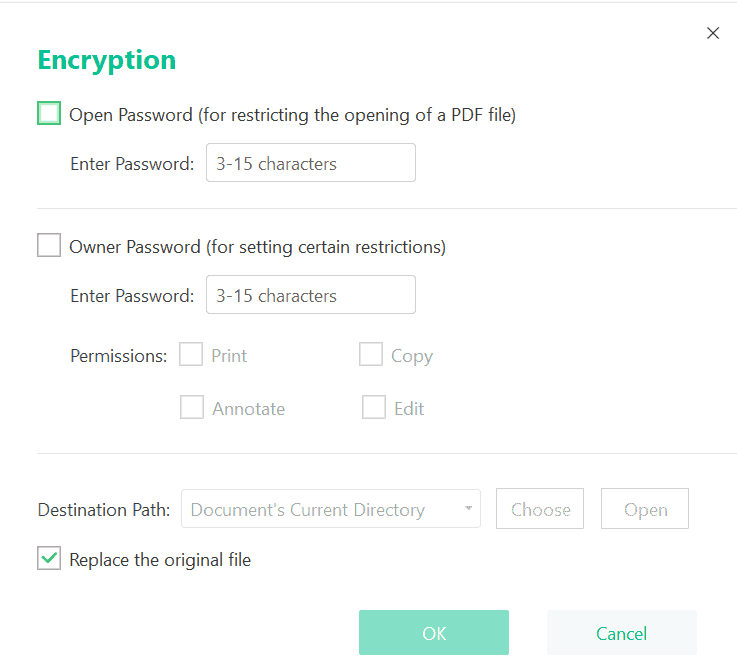 SwifDoo PDF Encryption Settings
