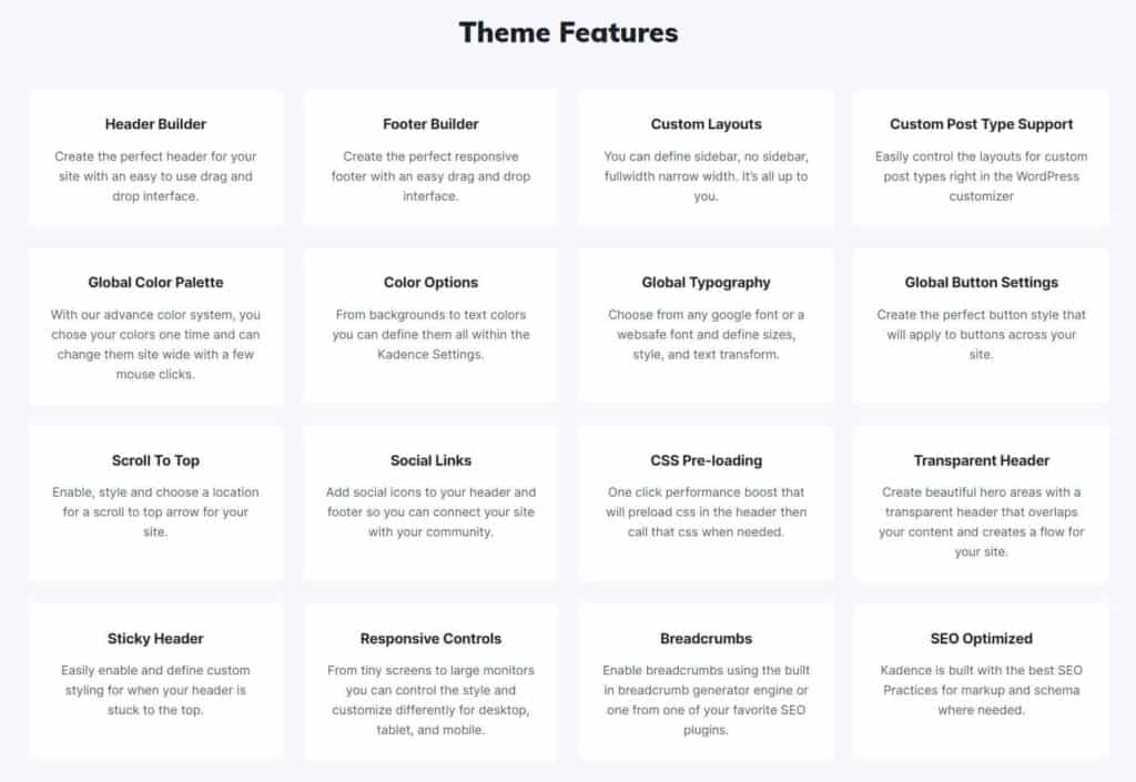Kadence Theme Features