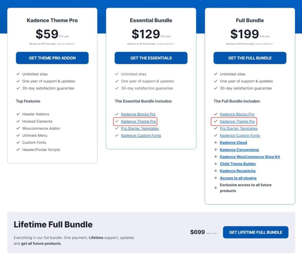 Kadence Theme Pricing