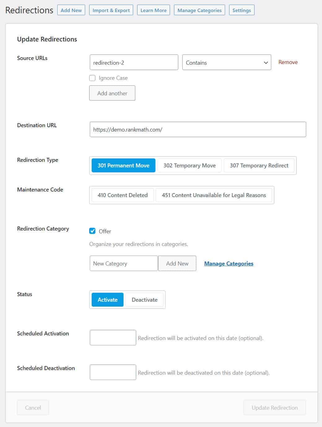 Rank Math Redirection Manager