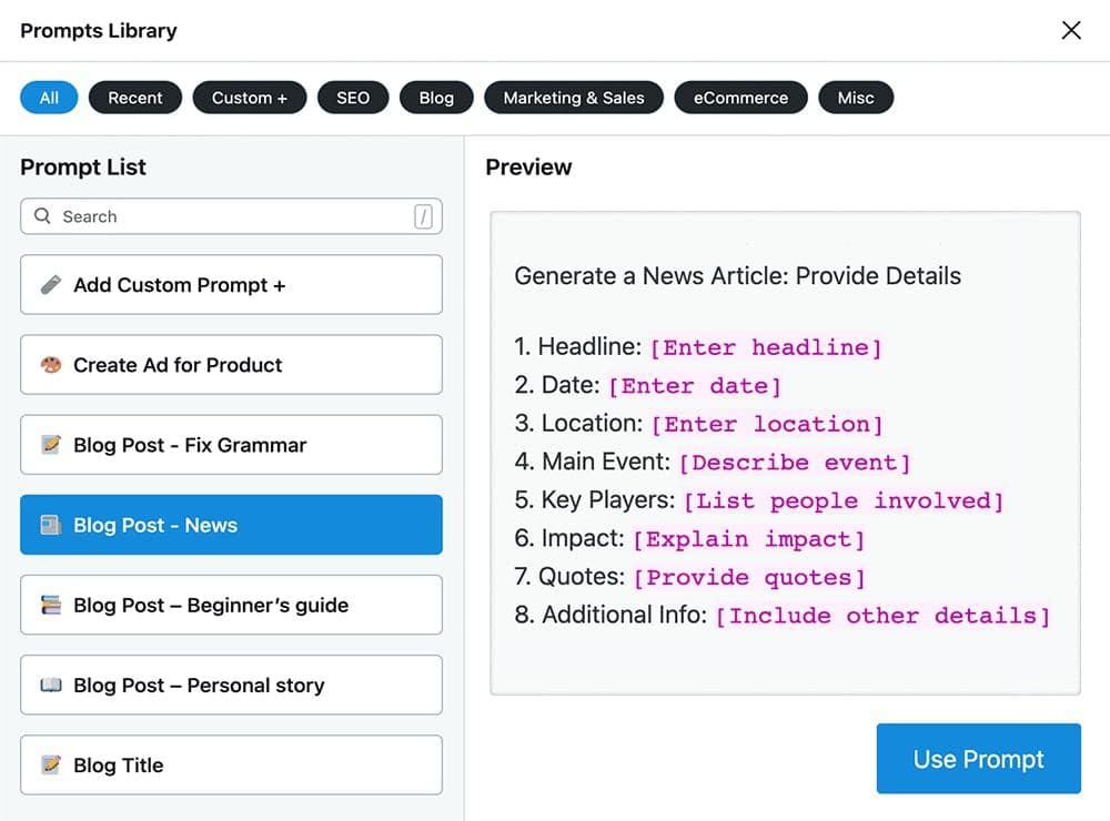 content ai prompt library
